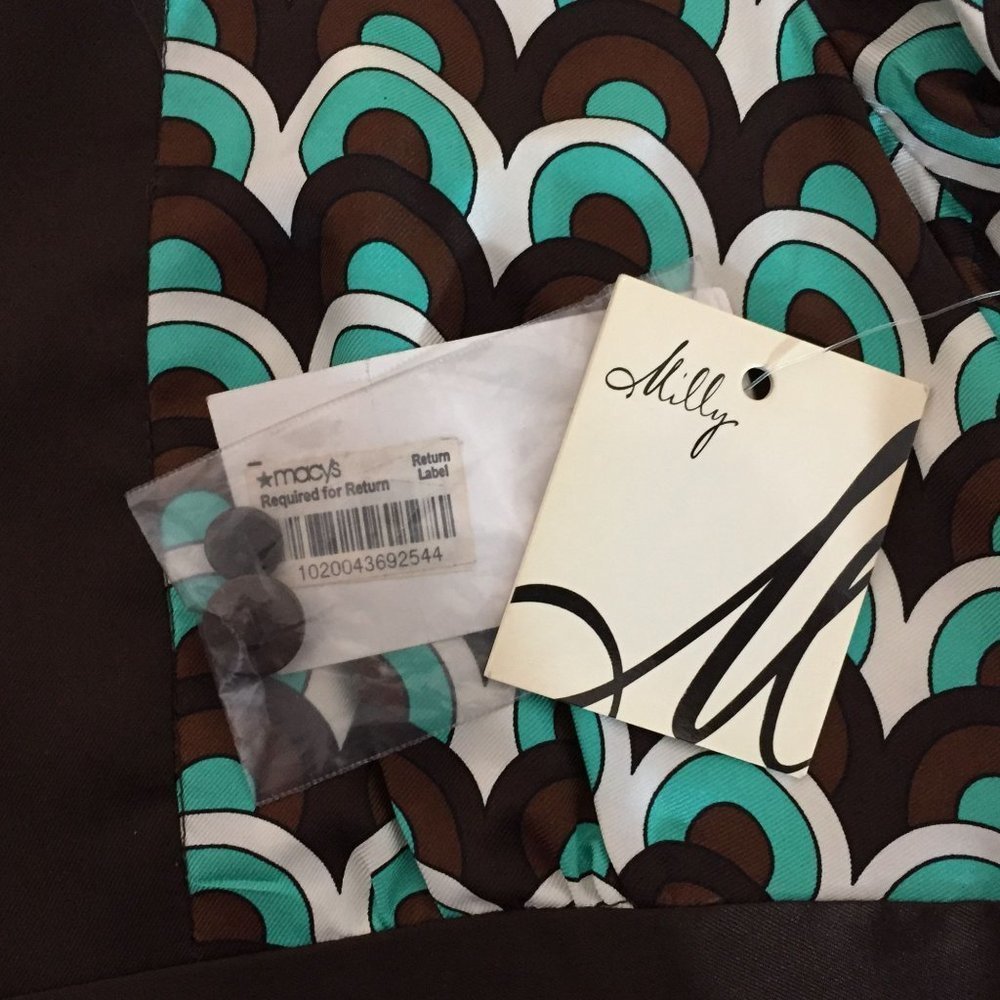 Milly New York Dress Size 4 Seafoam Green Brown White Print Silk Faille Womens - Picture 9 of 12